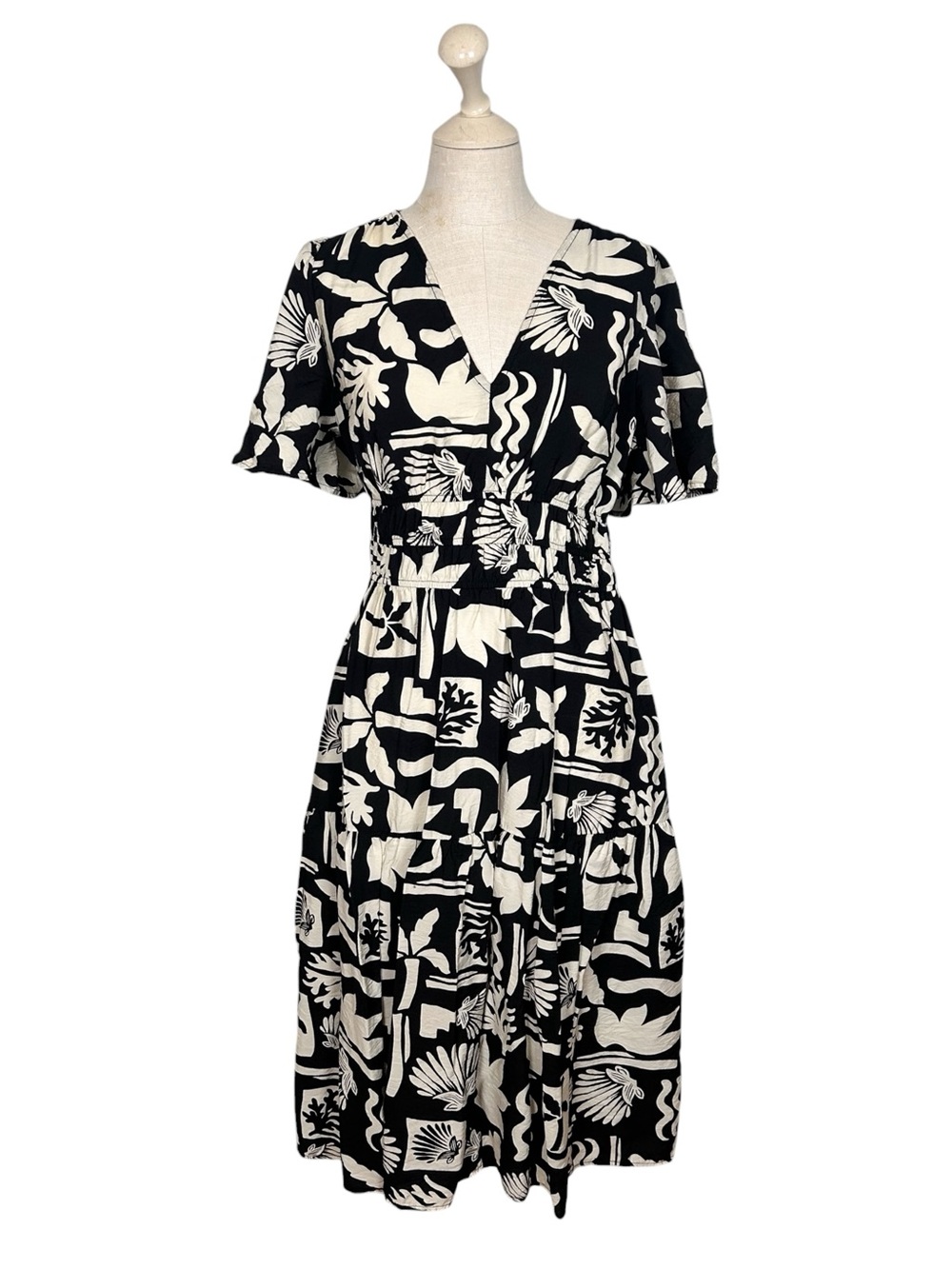 Poetry Black & White Floral V-Neck Midi Dress